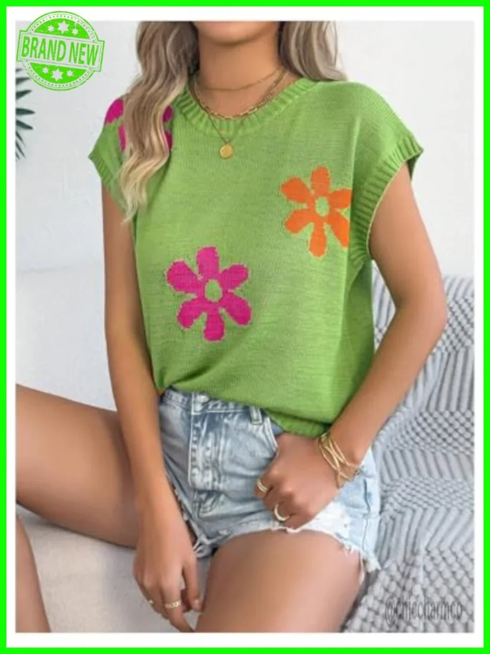 Short Sleeve Lightweight Knit Sweater Floral Print Loose Fit Pullover